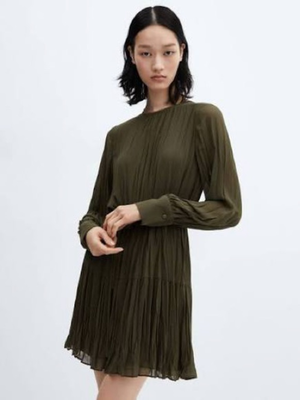 Mango Olive Green Pleated Long-Sleeve Mini Dress